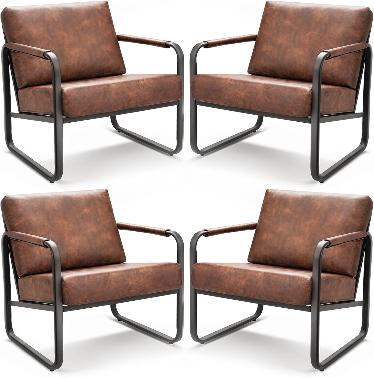 PrimeZone Mid-Century Modern Accent Chair Set of 2 - Comfy Faux Leather Living Room Chair, Lounge Armchair with Extra Soft Padded & Cushion, Ergonomic Accent Chair for Bedroom, Office, Brown