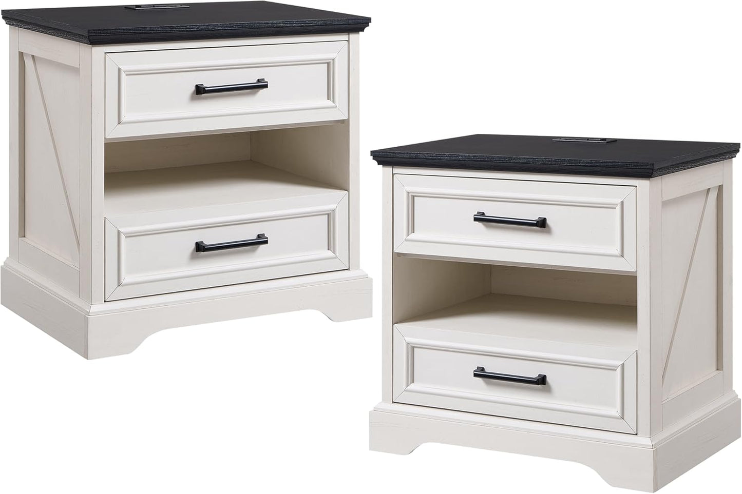 ACCOHOHO 24" Farmhouse Nightstand Set of 2 with Charging Station, 2 Drawers Large Bedside Table with Open Shelf, Rustic End Table for Bedroom - Natural Oak