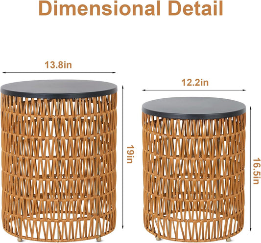 HMVPL Outdoor Side End Table with Dimmable Light Remote Control,2-Pack Small Round Patio Table with Timing Light,Outside Plastic Rattan Accent Bistro Desk for Poolside Backyard Balcony Gazebo Indoor