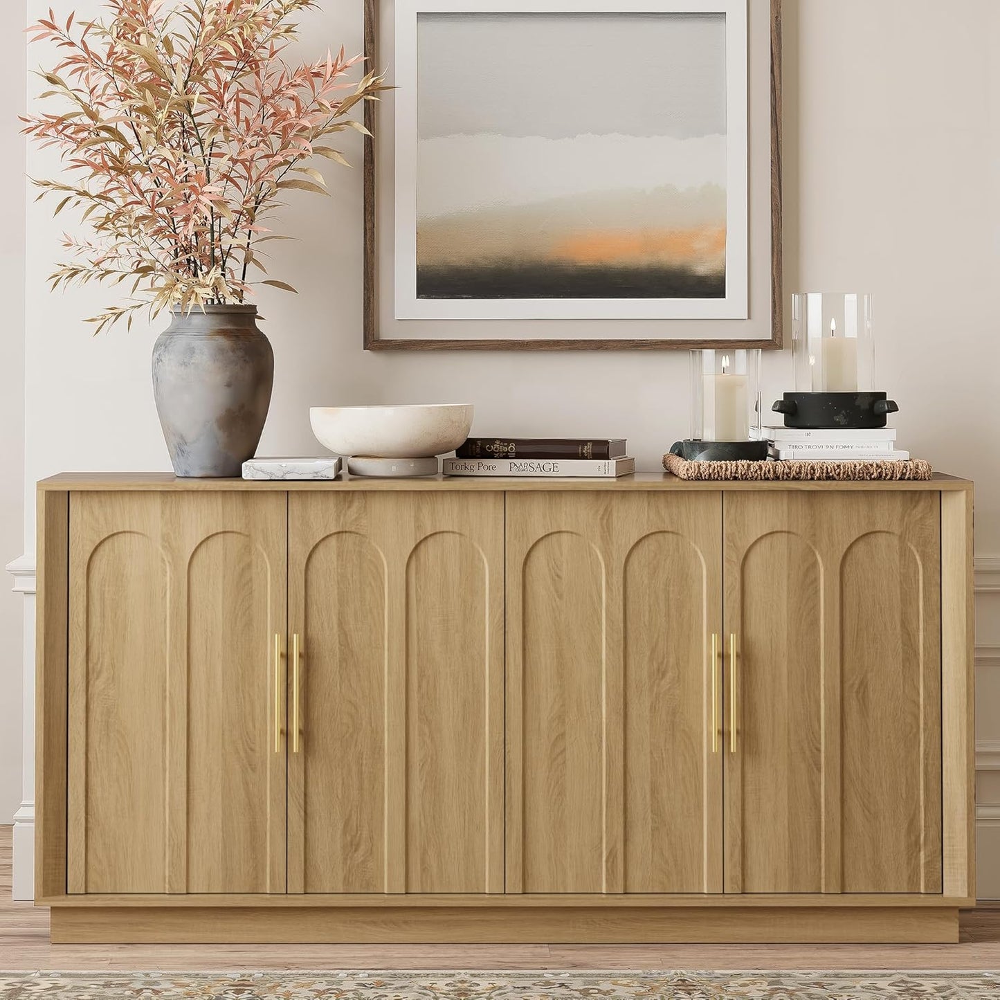 Sideboard Buffet Cabinet with Storage, Mid Century Modern Accent Cabinet with Arched Doors, Modular Media Console, Minimalist Credenza for Living Room Kitchen Dining Room Entryway, Walnut