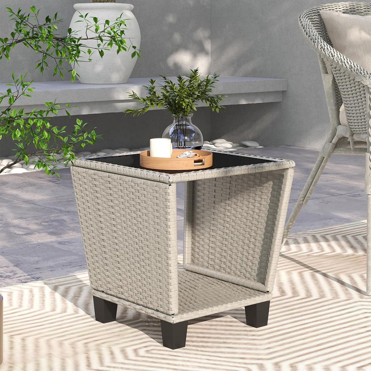 Outdoor Wicker Side Table Rattan Side Tables End Table for Patio with Glass Top Rattan Storage for Patio Garden Balcony