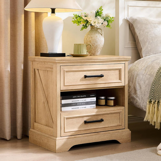 ACCOHOHO 24" Farmhouse Nightstand Set of 2 with Charging Station, 2 Drawers Large Bedside Table with Open Shelf, Rustic End Table for Bedroom - Natural Oak