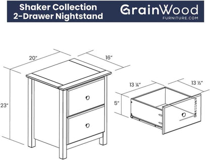 Grain Wood Furniture Shaker 2-Drawer Bedside Nightstand, Solid Wood with Walnut Finish