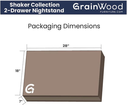 Grain Wood Furniture Shaker 2-Drawer Bedside Nightstand, Solid Wood with Walnut Finish