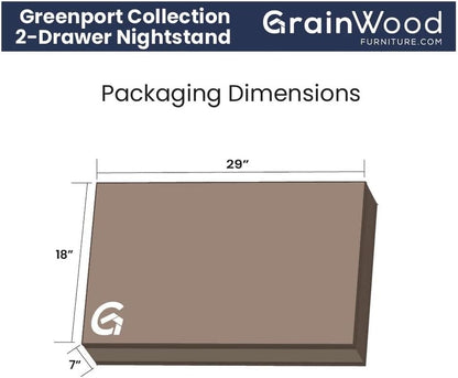 Grain Wood Furniture Greenport 2-Drawer Bedroom Nightstand, Solid Wood with Brushed Walnut Finish