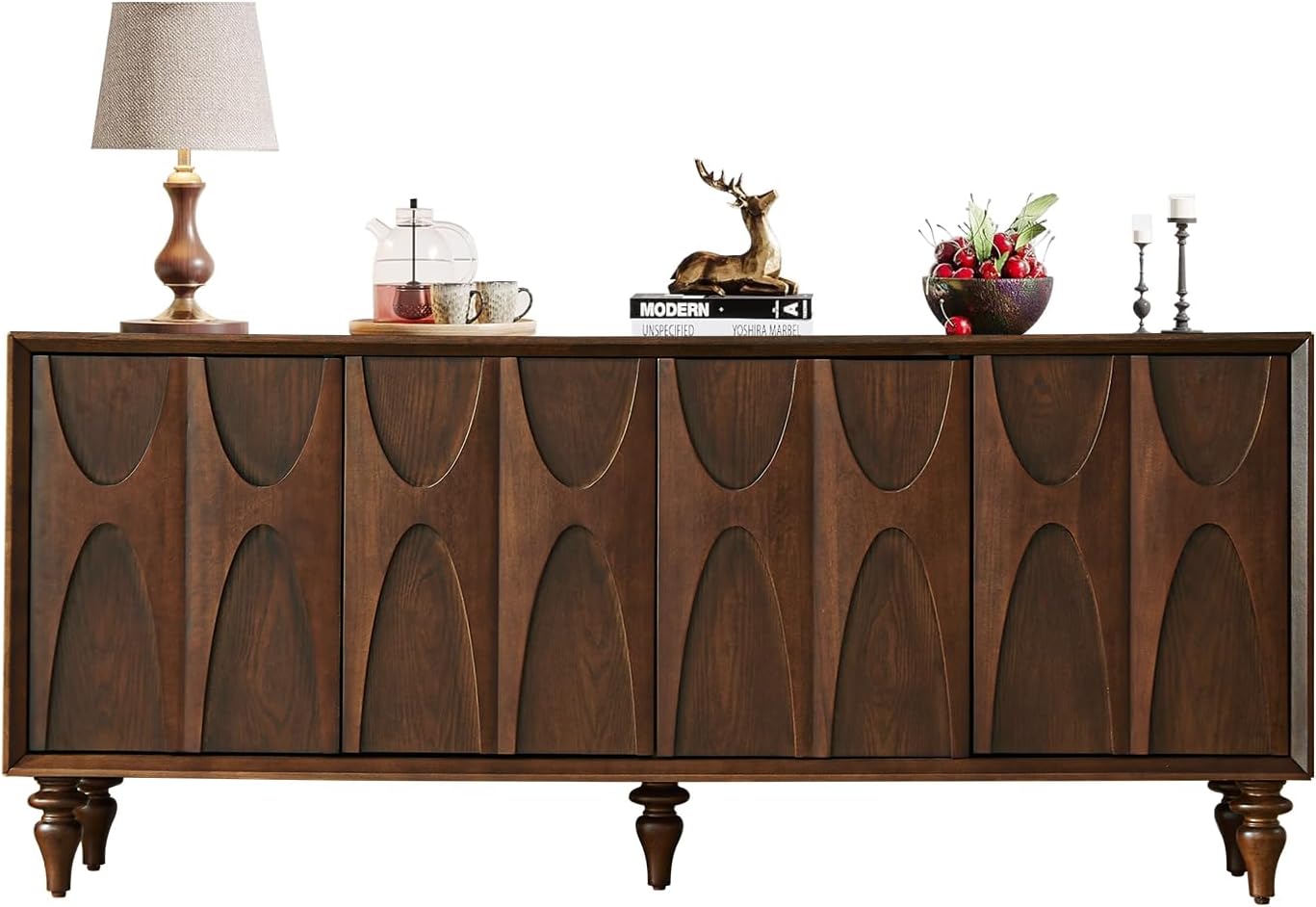 63" Sideboard Buffet Cabinet, Retro Accent Storage Cabinet with Push Latch Door Adjustable Shelf Modern Buffet Sideboard for Living Room, Kitchen, Entry (Walnut)