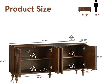 63" Sideboard Buffet Cabinet, Retro Accent Storage Cabinet with Push Latch Door Adjustable Shelf Modern Buffet Sideboard for Living Room, Kitchen, Entry (Walnut)