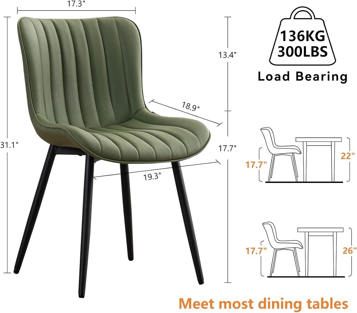 YOUNUOKE Mid-Century Modern Dining Chairs Set of 2, Olive Green PU Leather Upholstered Kitchen Chairs with Black Metal Legs, Armless Accent Side Chair for Dining Room, Guest Reception Room