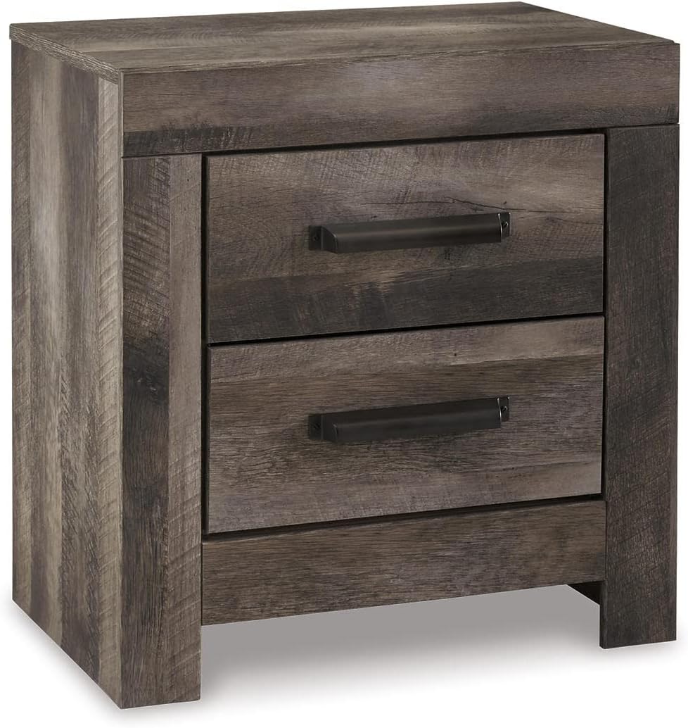 Signature Design by Ashley Drystan Rustic Industrial 2 Drawer Nightstand with 2 Slim-Profile USB Charging Stations, 24.37" Tall, Weatherworn Brown