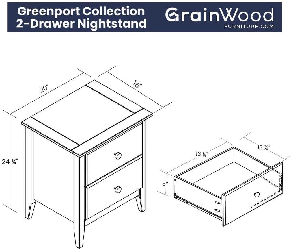 Grain Wood Furniture Greenport 2-Drawer Bedroom Nightstand, Solid Wood with Brushed Walnut Finish