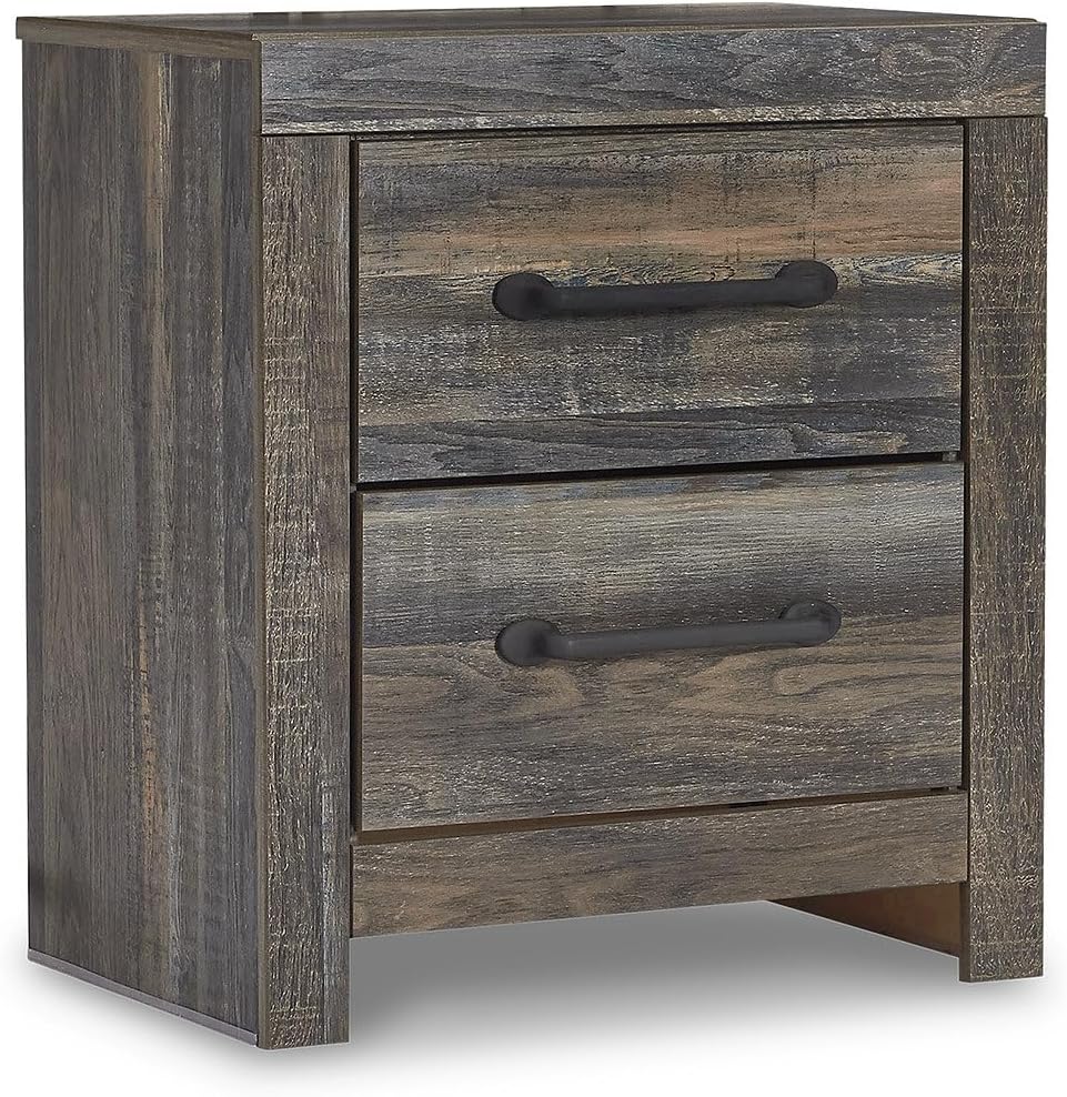 Signature Design by Ashley Drystan Rustic Industrial 2 Drawer Nightstand with 2 Slim-Profile USB Charging Stations, 24.37" Tall, Weatherworn Brown