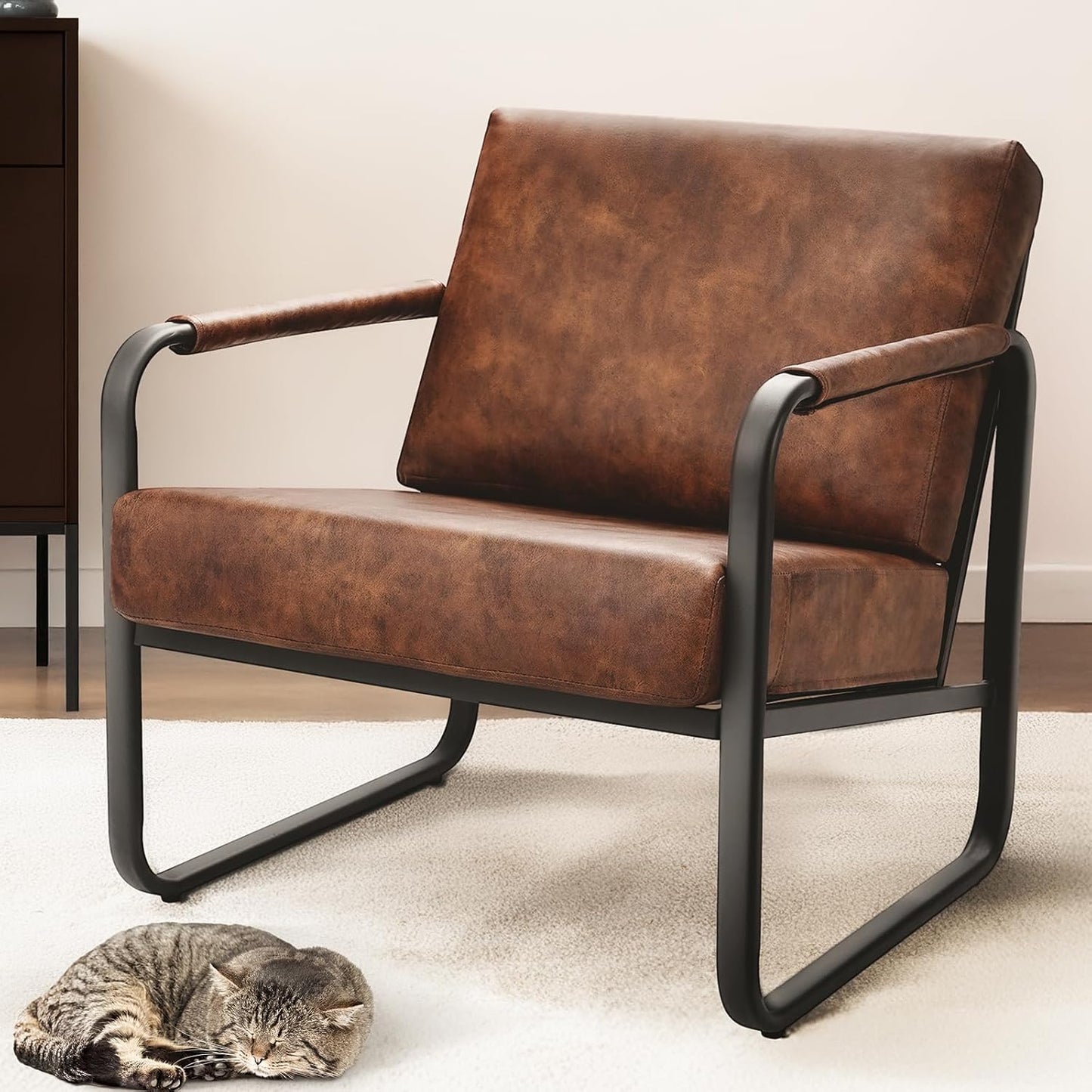 PrimeZone Mid-Century Modern Accent Chair Set of 2 - Comfy Faux Leather Living Room Chair, Lounge Armchair with Extra Soft Padded & Cushion, Ergonomic Accent Chair for Bedroom, Office, Brown