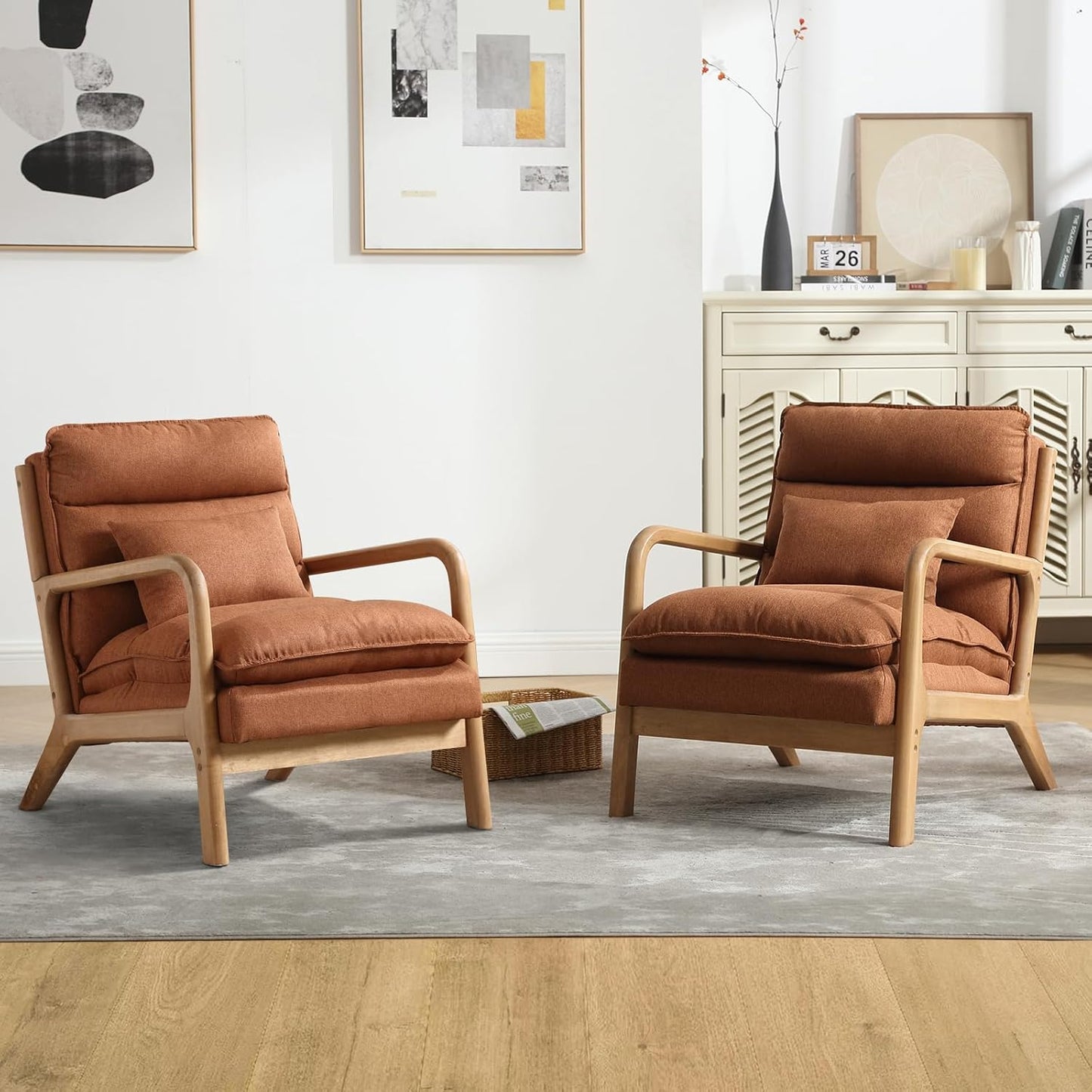 INZOY Mid Century Modern Accent Chair with Wood Frame, Upholstered Reading Armchair with Waist Cushion, Double Padded Accent Chair, Side Chair for Living Room Bedroom Office, Easy Assembly, Green