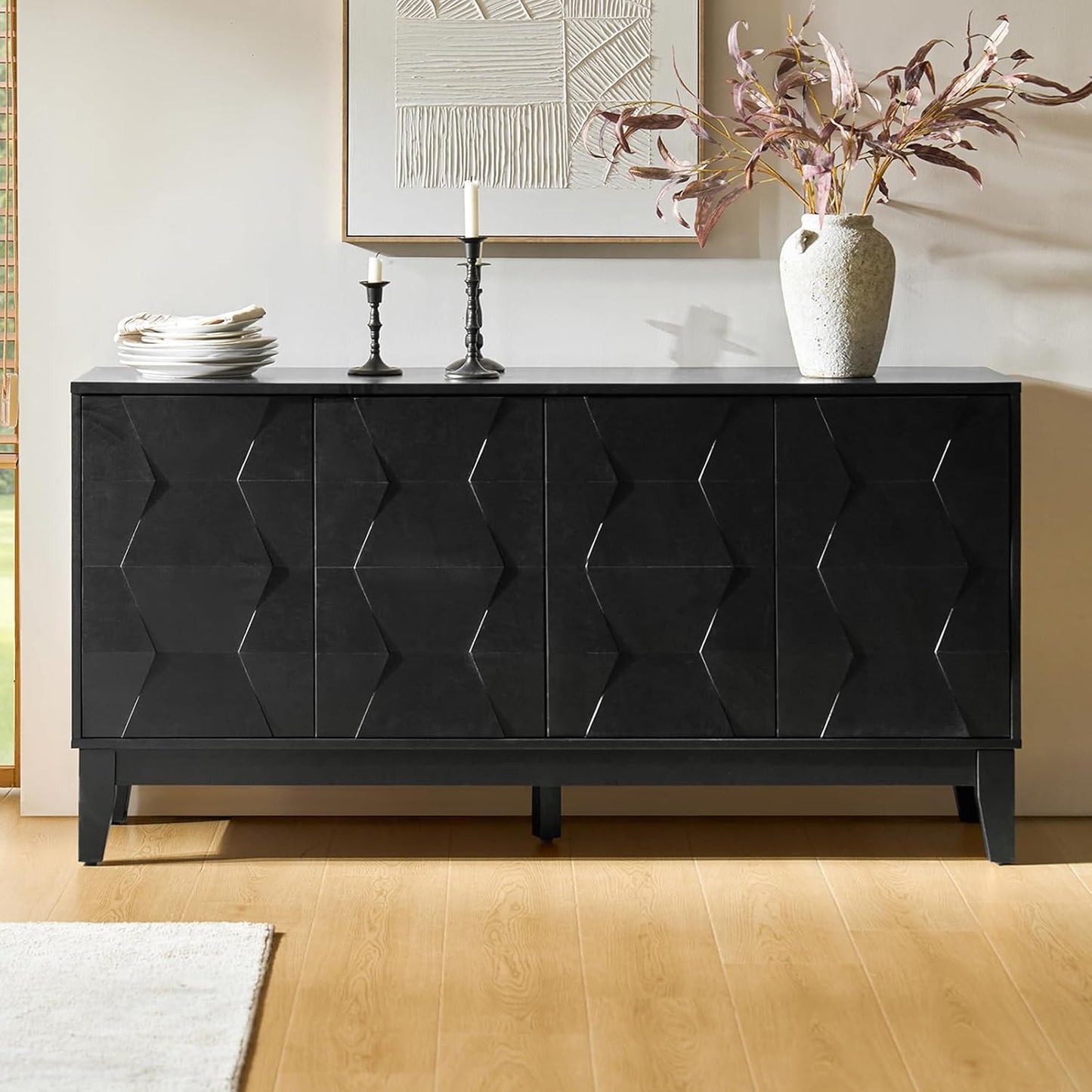 HULALA HOME Mid Century Sideboard Buffet Cabinet with Solid Wood Legs, 60" Kitchen Storage Cabinet Credenza with 4 Doors and 2 Shelves, Accent Console Table, Walnut