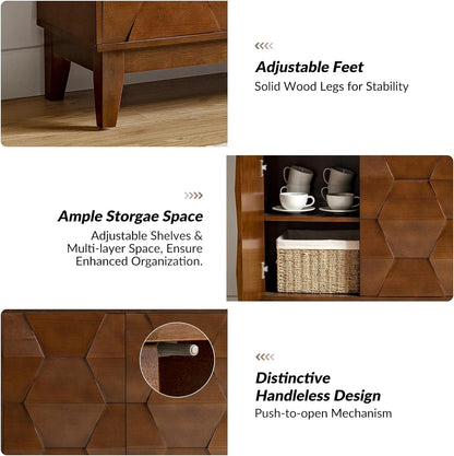 HULALA HOME Mid Century Sideboard Buffet Cabinet with Solid Wood Legs, 60" Kitchen Storage Cabinet Credenza with 4 Doors and 2 Shelves, Accent Console Table, Walnut