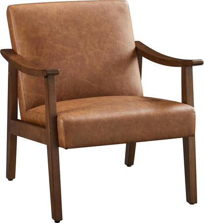 Yaheetech PU Leather Accent Chair, Mid-Century Modern Armchair with Solid Wood Legs, Reading Leisure Chair with High Back for Living Room Bedroom Waiting Room, Light Brown
