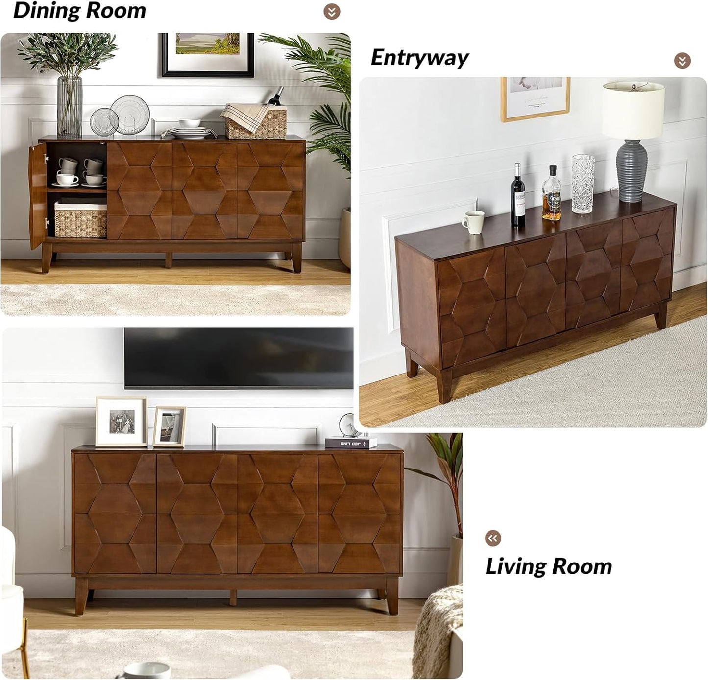 HULALA HOME Mid Century Sideboard Buffet Cabinet with Solid Wood Legs, 60" Kitchen Storage Cabinet Credenza with 4 Doors and 2 Shelves, Accent Console Table, Walnut