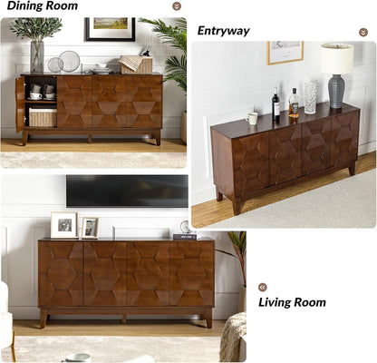 HULALA HOME Mid Century Sideboard Buffet Cabinet with Solid Wood Legs, 60" Kitchen Storage Cabinet Credenza with 4 Doors and 2 Shelves, Accent Console Table, Walnut