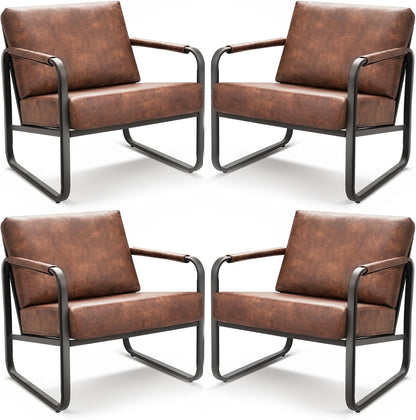 PrimeZone Mid-Century Modern Accent Chair Set of 2 - Comfy Faux Leather Living Room Chair, Lounge Armchair with Extra Soft Padded & Cushion, Ergonomic Accent Chair for Bedroom, Office, Brown