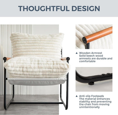 MAXYOYO Accent Chair, Sherpa Arm Chair for Living Room, Mid Century Modern Accent Chairs, Boucle Reading Bedroom Chair, Teddy Armchair, Wooden Arms Metal Frame