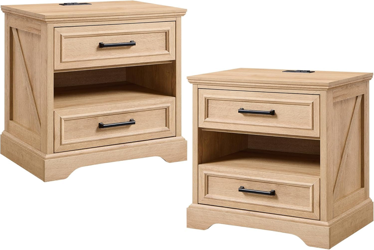 ACCOHOHO 24" Farmhouse Nightstand Set of 2 with Charging Station, 2 Drawers Large Bedside Table with Open Shelf, Rustic End Table for Bedroom - Natural Oak