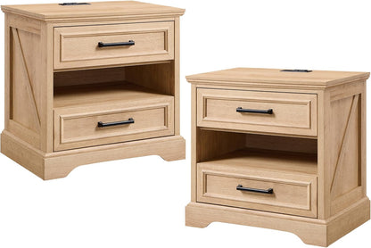 ACCOHOHO 24" Farmhouse Nightstand Set of 2 with Charging Station, 2 Drawers Large Bedside Table with Open Shelf, Rustic End Table for Bedroom - Natural Oak