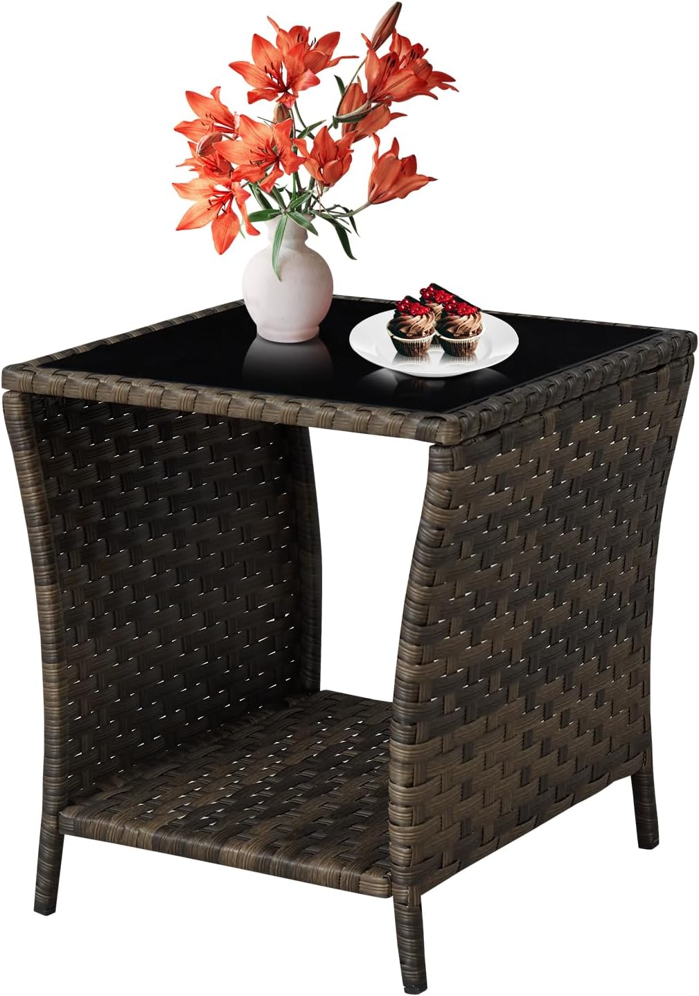 Outdoor Wicker Side Table Rattan Side Tables End Table for Patio with Glass Top Rattan Storage for Patio Garden Balcony