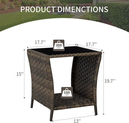 Outdoor Wicker Side Table Rattan Side Tables End Table for Patio with Glass Top Rattan Storage for Patio Garden Balcony