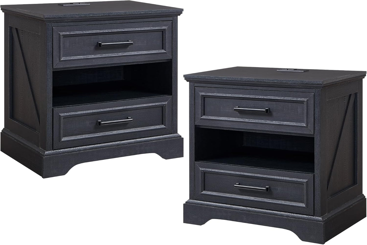 ACCOHOHO 24" Farmhouse Nightstand Set of 2 with Charging Station, 2 Drawers Large Bedside Table with Open Shelf, Rustic End Table for Bedroom - Natural Oak