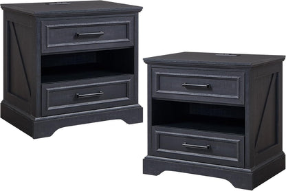 ACCOHOHO 24" Farmhouse Nightstand Set of 2 with Charging Station, 2 Drawers Large Bedside Table with Open Shelf, Rustic End Table for Bedroom - Natural Oak