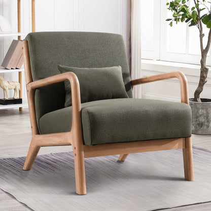 INZOY Mid Century Modern Accent Chair with Wood Frame, Upholstered Reading Armchair with Waist Cushion, Double Padded Accent Chair, Side Chair for Living Room Bedroom Office, Easy Assembly, Green