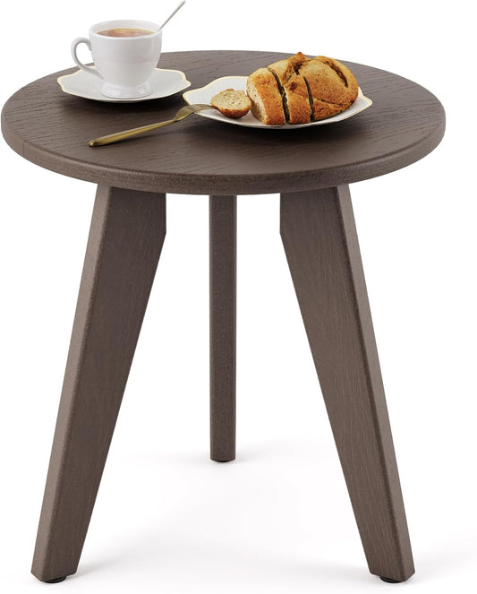 Outdoor Side Table, HDPE Outdoor Table, Small Round Side Table Weather-Resistant, Outdoor Side Tables for Patio, Porch,Deck,End Table for Plant Stand, Dark Brown