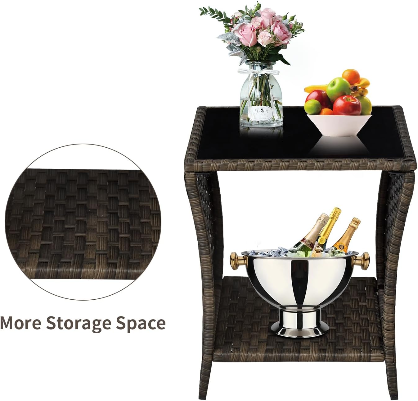Outdoor Wicker Side Table Rattan Side Tables End Table for Patio with Glass Top Rattan Storage for Patio Garden Balcony
