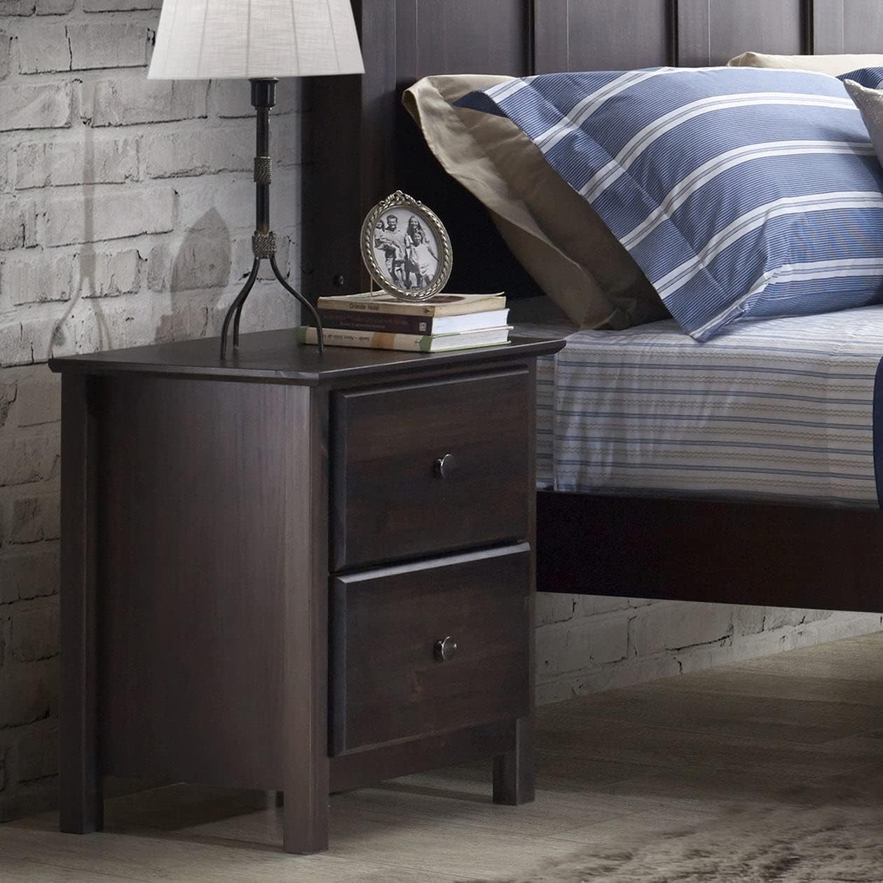 Grain Wood Furniture Shaker 2-Drawer Bedside Nightstand, Solid Wood with Walnut Finish