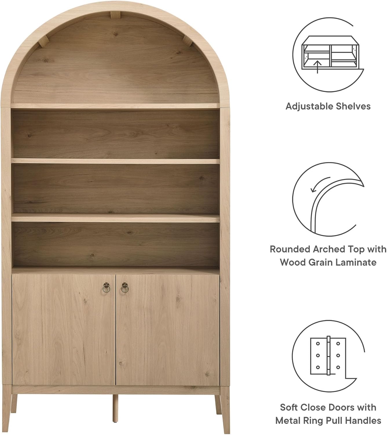Modway Nolan Tall Arched Storage Display Cabinet in Light Oak - 74 Inch Arch Bookshelf with Open and Closed Shelving - Modern Accent Cabinet for Living Room, Dining Room