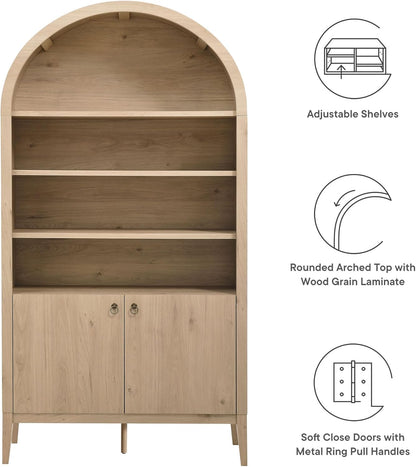 Modway Nolan Tall Arched Storage Display Cabinet in Light Oak - 74 Inch Arch Bookshelf with Open and Closed Shelving - Modern Accent Cabinet for Living Room, Dining Room