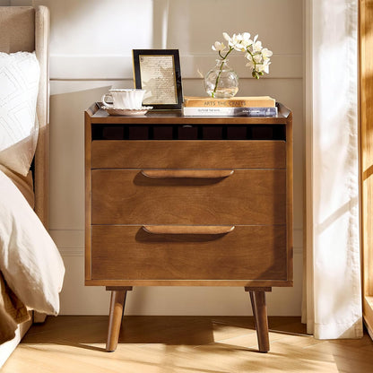 HULALA HOME 2 Drawer Nightstand with Charging Station, Mid-Century Modern Bedside Tables with Wood Legs, Wood Night Stand with Pull-Out Shelf, Walnut