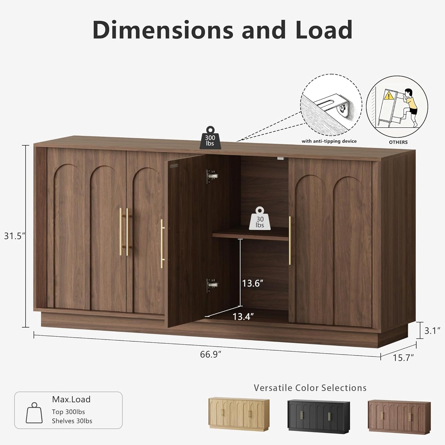 Sideboard Buffet Cabinet with Storage, Mid Century Modern Accent Cabinet with Arched Doors, Modular Media Console, Minimalist Credenza for Living Room Kitchen Dining Room Entryway, Walnut