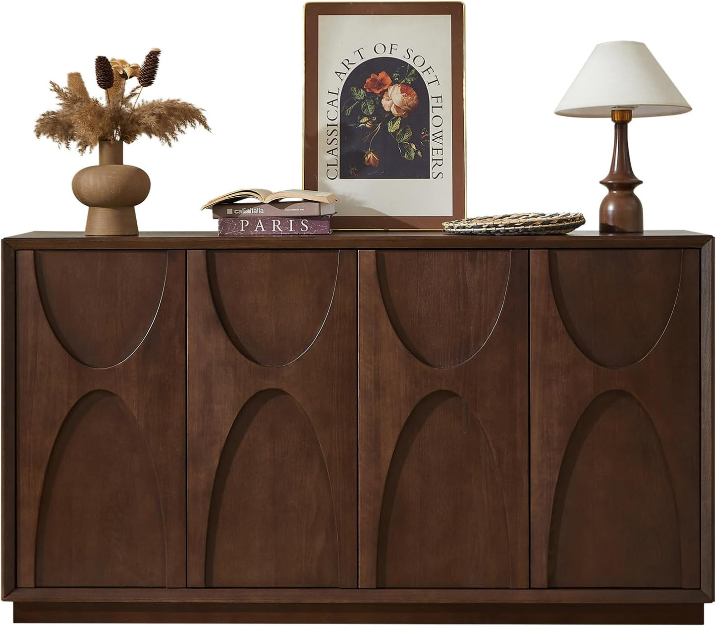 63" Sideboard Buffet Cabinet, Retro Accent Storage Cabinet with Push Latch Door Adjustable Shelf Modern Buffet Sideboard for Living Room, Kitchen, Entry (Walnut)