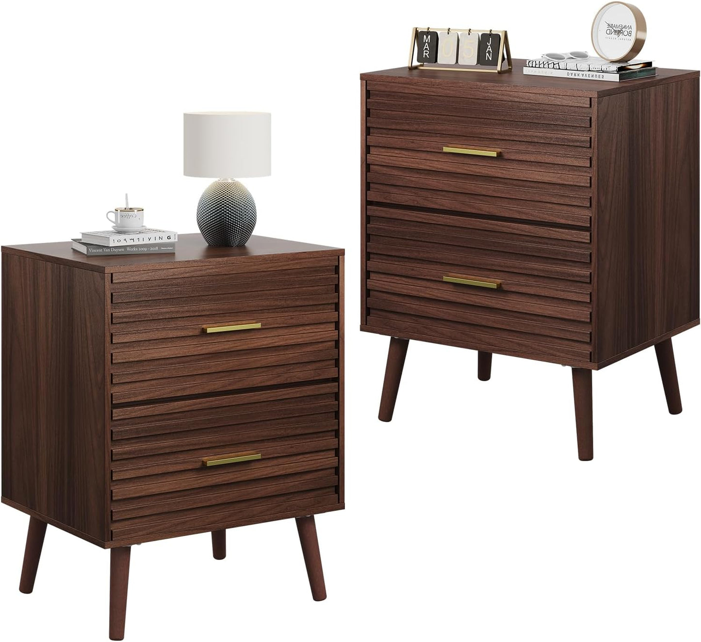 WLIVE Wood Night Stand Set of 2 with 2 Drawers, Mid Century Modern Nightstand Sets, Fluted Bed Side Tables for Bedroom, Dorm, Living Room End Table