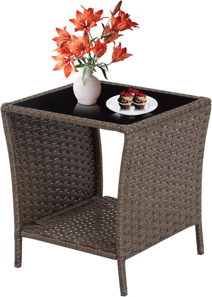 Outdoor Wicker Side Table Rattan Side Tables End Table for Patio with Glass Top Rattan Storage for Patio Garden Balcony