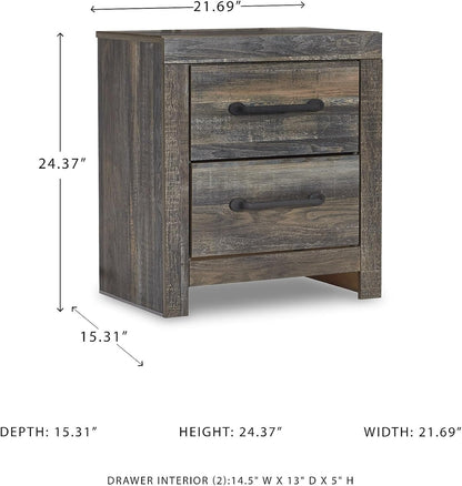 Signature Design by Ashley Drystan Rustic Industrial 2 Drawer Nightstand with 2 Slim-Profile USB Charging Stations, 24.37" Tall, Weatherworn Brown