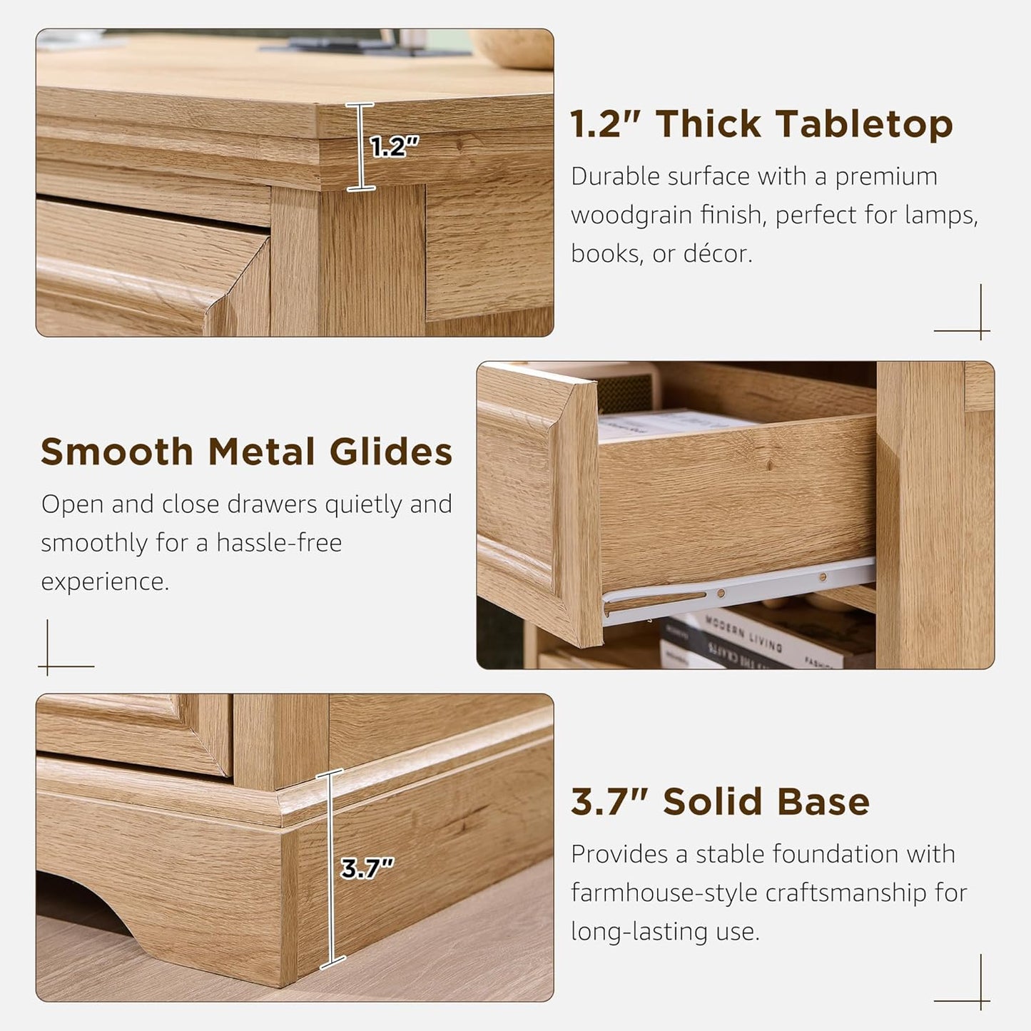 ACCOHOHO 24" Farmhouse Nightstand Set of 2 with Charging Station, 2 Drawers Large Bedside Table with Open Shelf, Rustic End Table for Bedroom - Natural Oak