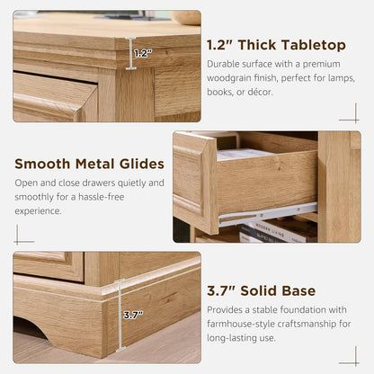 ACCOHOHO 24" Farmhouse Nightstand Set of 2 with Charging Station, 2 Drawers Large Bedside Table with Open Shelf, Rustic End Table for Bedroom - Natural Oak