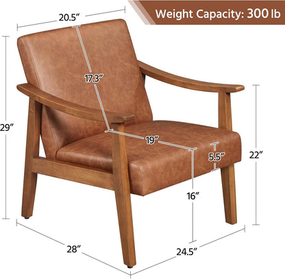 Yaheetech PU Leather Accent Chair, Mid-Century Modern Armchair with Solid Wood Legs, Reading Leisure Chair with High Back for Living Room Bedroom Waiting Room, Light Brown
