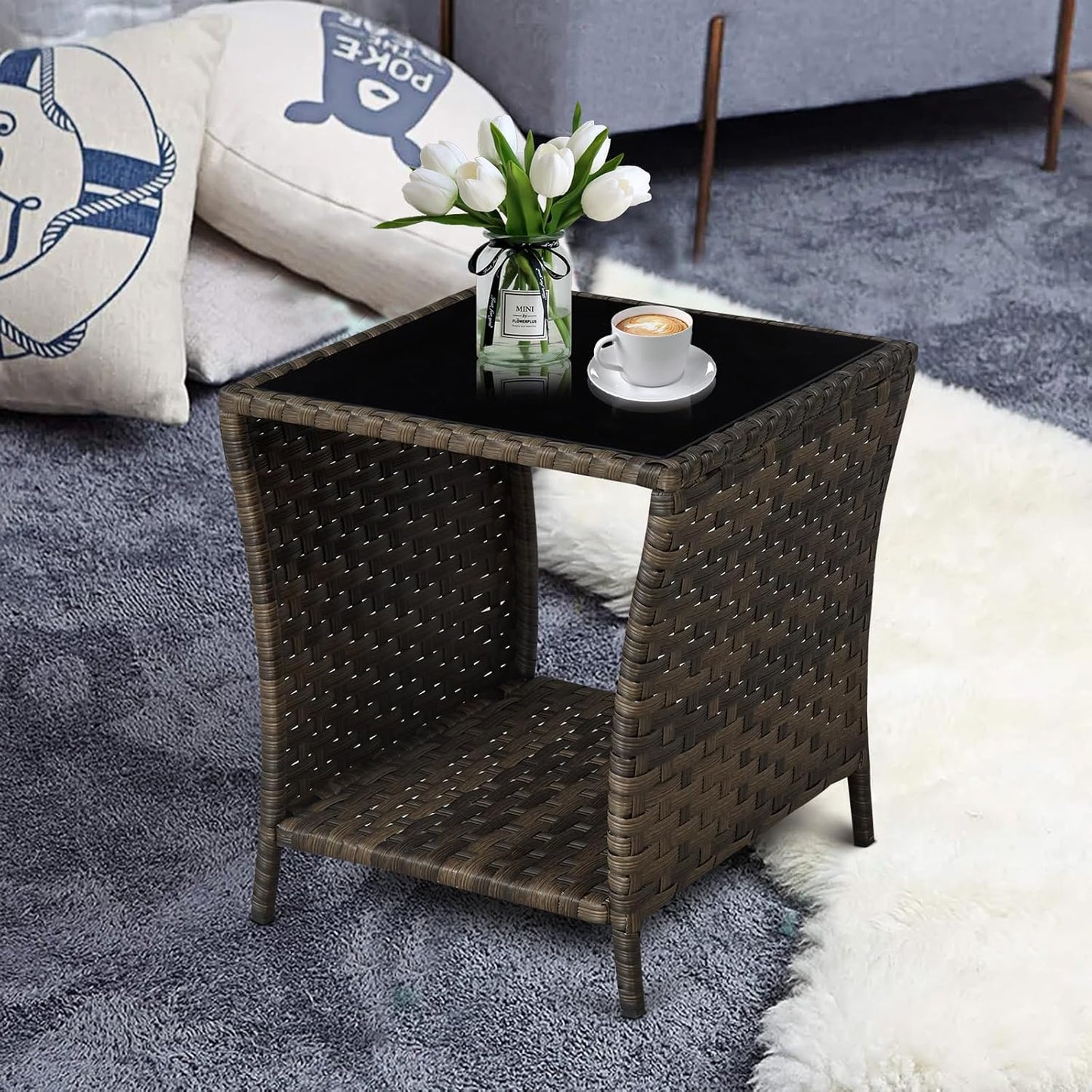 Outdoor Wicker Side Table Rattan Side Tables End Table for Patio with Glass Top Rattan Storage for Patio Garden Balcony