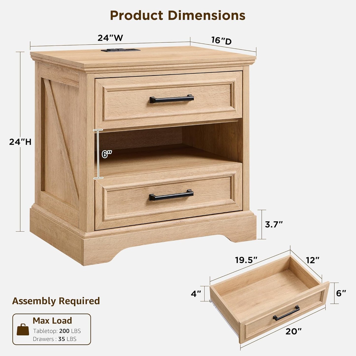 ACCOHOHO 24" Farmhouse Nightstand Set of 2 with Charging Station, 2 Drawers Large Bedside Table with Open Shelf, Rustic End Table for Bedroom - Natural Oak