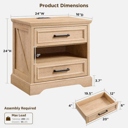 ACCOHOHO 24" Farmhouse Nightstand Set of 2 with Charging Station, 2 Drawers Large Bedside Table with Open Shelf, Rustic End Table for Bedroom - Natural Oak