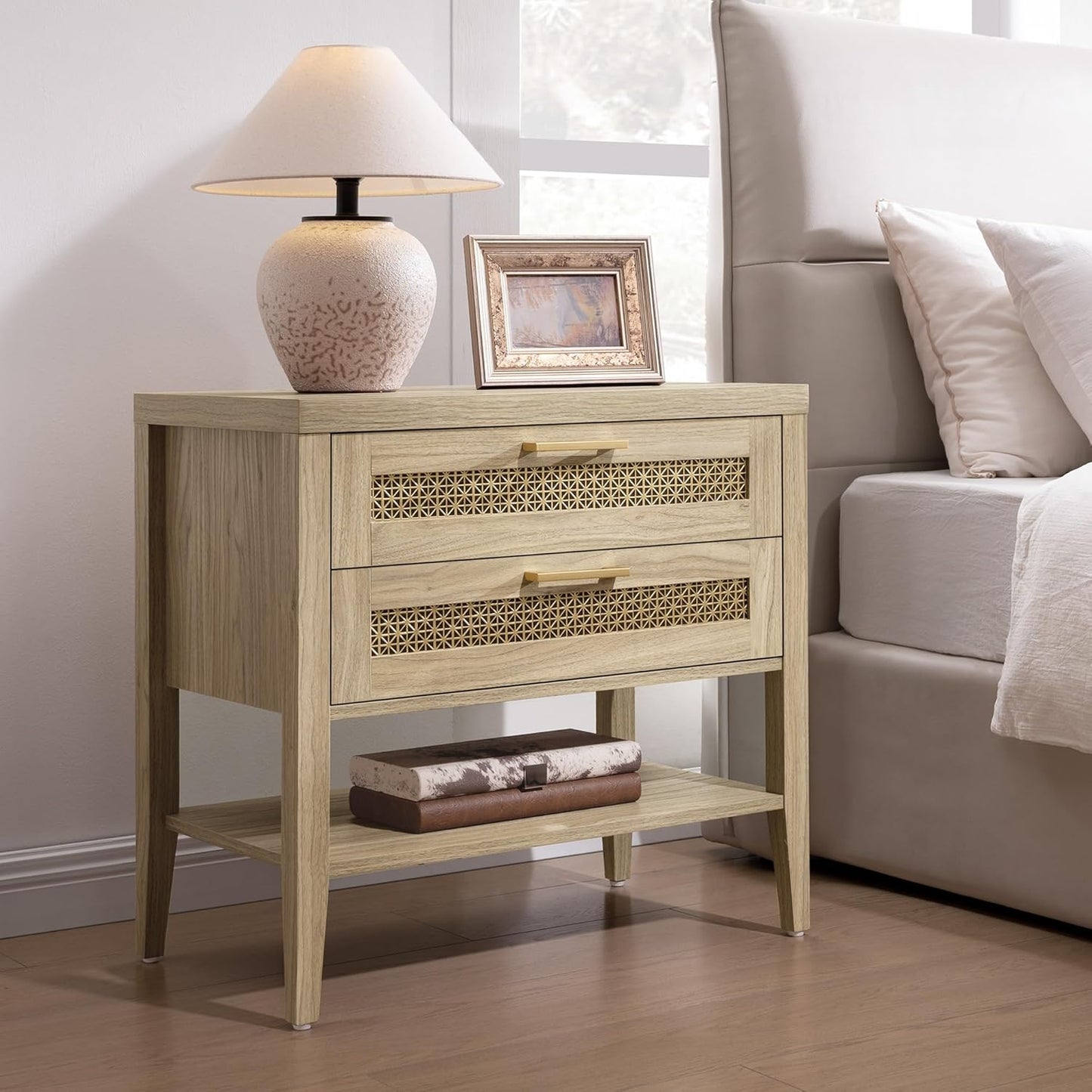 SICOTAS Night Stand Set 2 - Large Nightstands Sets of 2 with Drawers and Shelf, Rustic Bedside Table for Bedroom, Mid Century Modern Nightstand, 25.7" Tall Side End Table (Light Walnut, 2 Pieces)