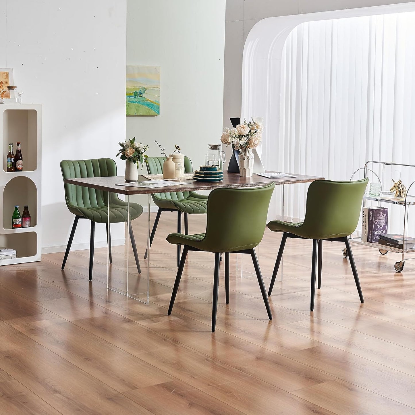 YOUNUOKE Mid-Century Modern Dining Chairs Set of 2, Olive Green PU Leather Upholstered Kitchen Chairs with Black Metal Legs, Armless Accent Side Chair for Dining Room, Guest Reception Room